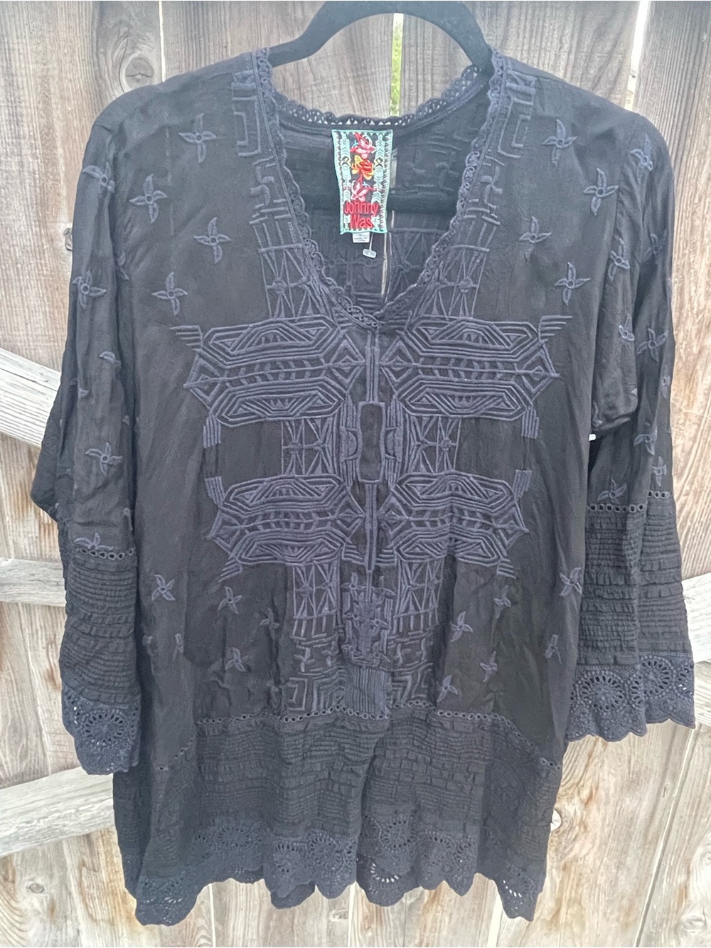 Johnny Was Leena Cupra Tunic Blouse Embroidered Boho Deep V-Neck Lace Trim Top S